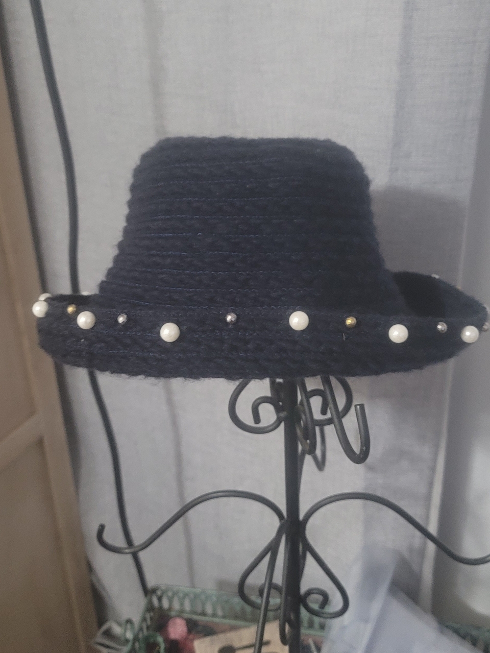 Coco + Carmen Navy Blue Pearl- Studded Embellished Hat